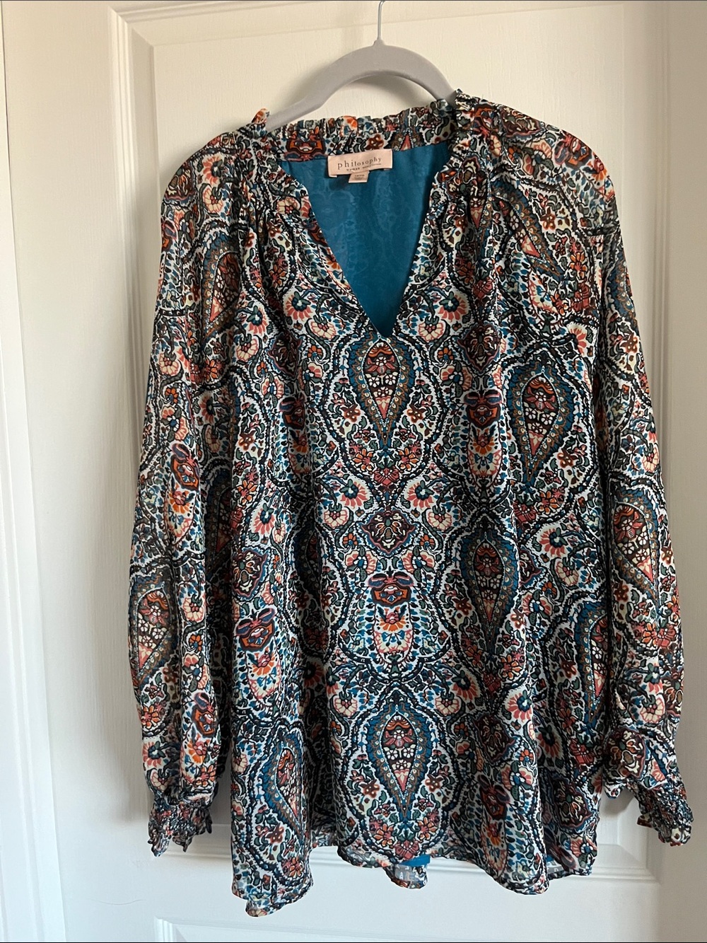 Philosophy Teal Rust and Cream Paisley V-Neck Tunic